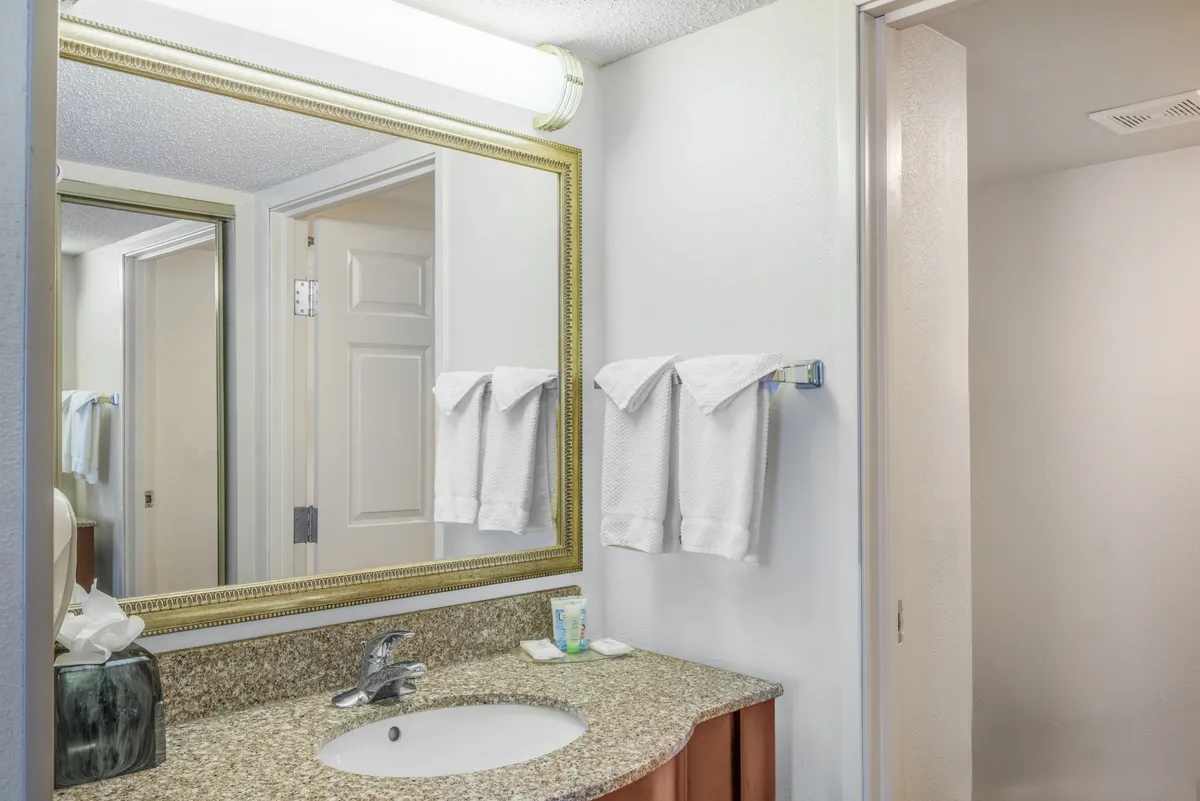 This interior image centers on a sleek bathroom vanity with a large mirror, granite countertop, neatly folded towels, and well-placed grooming essentials. The calming color palette and soft lighting evoke a sense of cleanliness and tranquility, reinforcing a restful atmosphere.